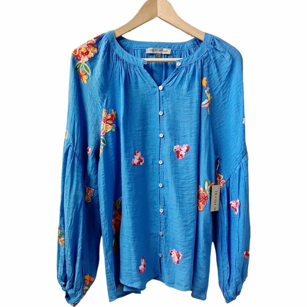 Figueroa & Flower Womens Embroidered Blouse SIZE Large Blue Balloon Sleeves NEW - Picture 11 of 14